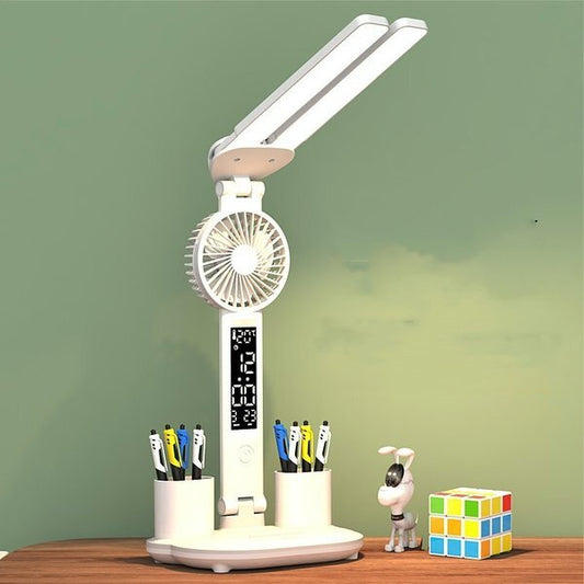 3-in-1 Multifunction LED Table Lamp - Four-Headed Folding Design with Fan, Calendar, Clock, USB Rechargeable Desk Light, and 3-Color Reading Lamp